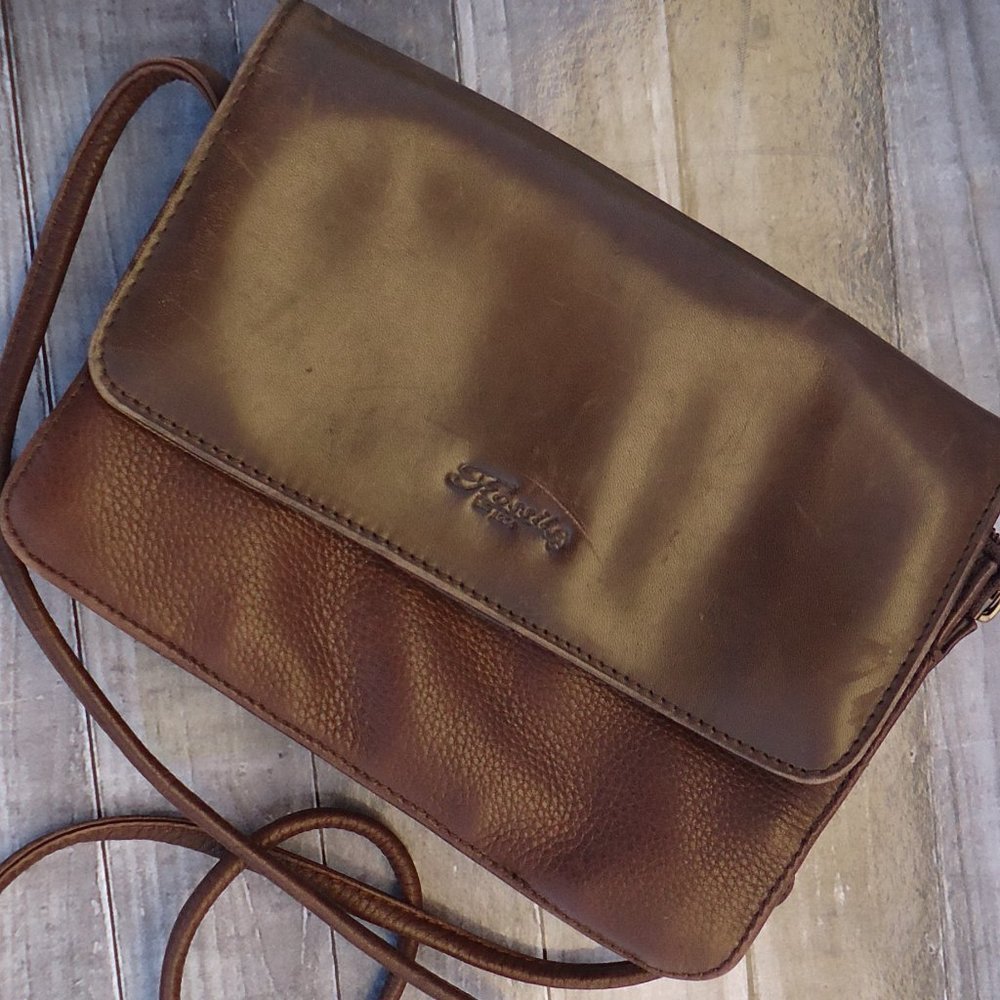 FOSSIL brown leather mini flap crossbody bag.
